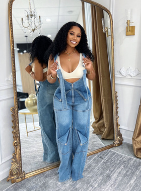 High waisted denim overalls women's casual wide leg jumpsuit