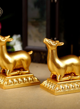 合金双鹿法轮镀金家用摆件彩绘