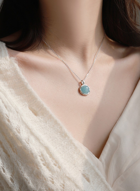 原创天然海蓝宝吊坠纯银项链