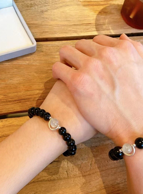 春醒白月光黑曜石纯银情侣手链