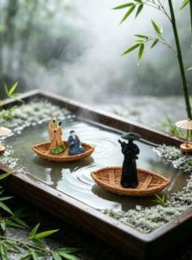 可水上漂浮小船迷你剑客侠客古风人物鱼缸造景摆件禅意茶盘装饰