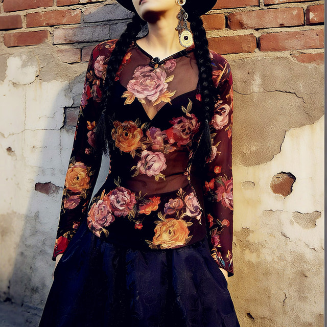 Singing on This Shore*Original Design-Rose Printed Mesh Top Dublin Bistro