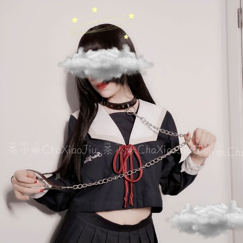 茶小啾项圈脖环饰品项链颈带cos爱心牵引绳女仆牵引链朋克PU项圈 - 图3