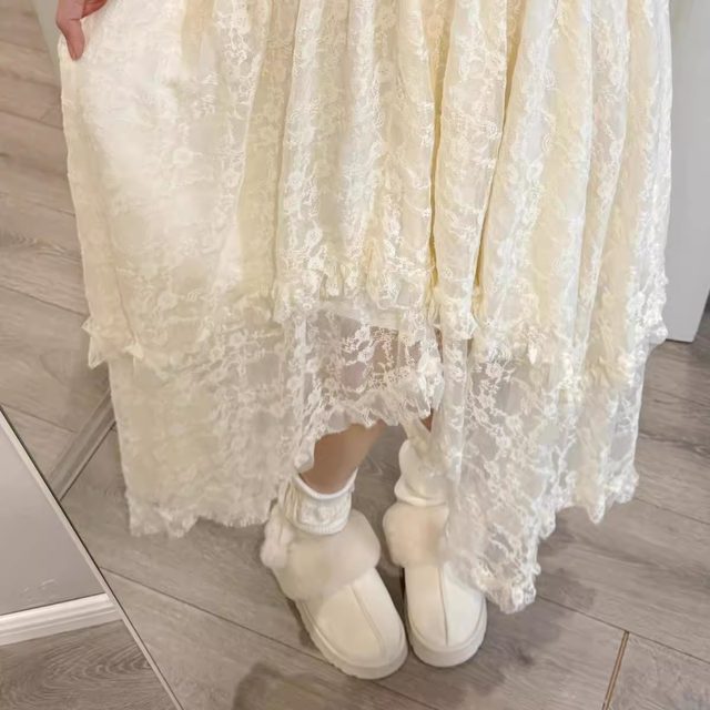 Ruibbit apricot lace long skirt irregular women's skirt Japanese sweet and versatile French retro