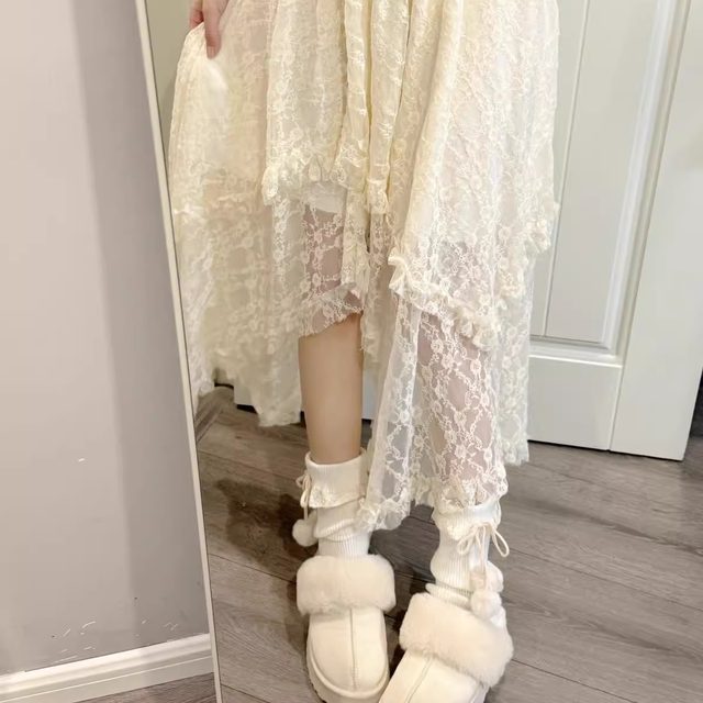 Ruibbit apricot lace long skirt irregular women's skirt Japanese sweet and versatile French retro