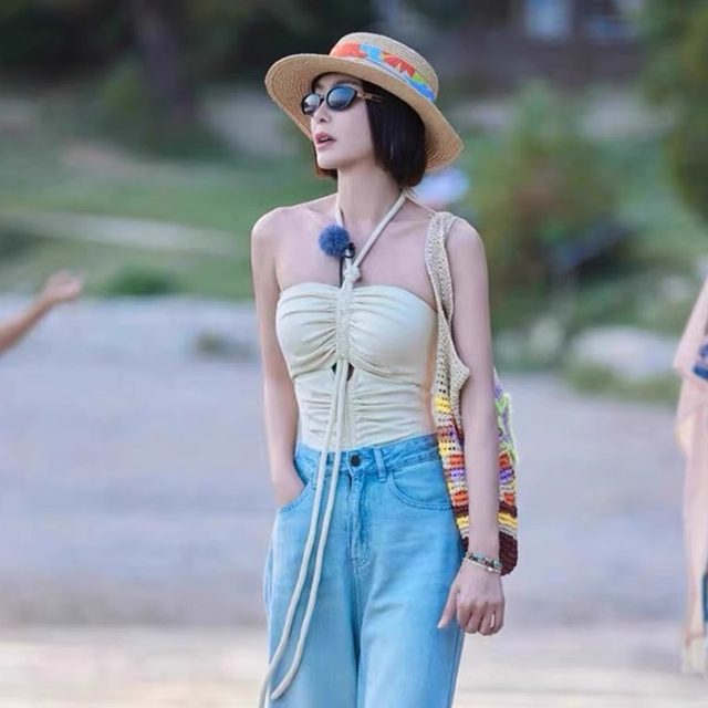 Swimsuits for women Qin Lan, same style as triangular beige halter neck conservative and slim belly covering small breasts, students vacation hot spring