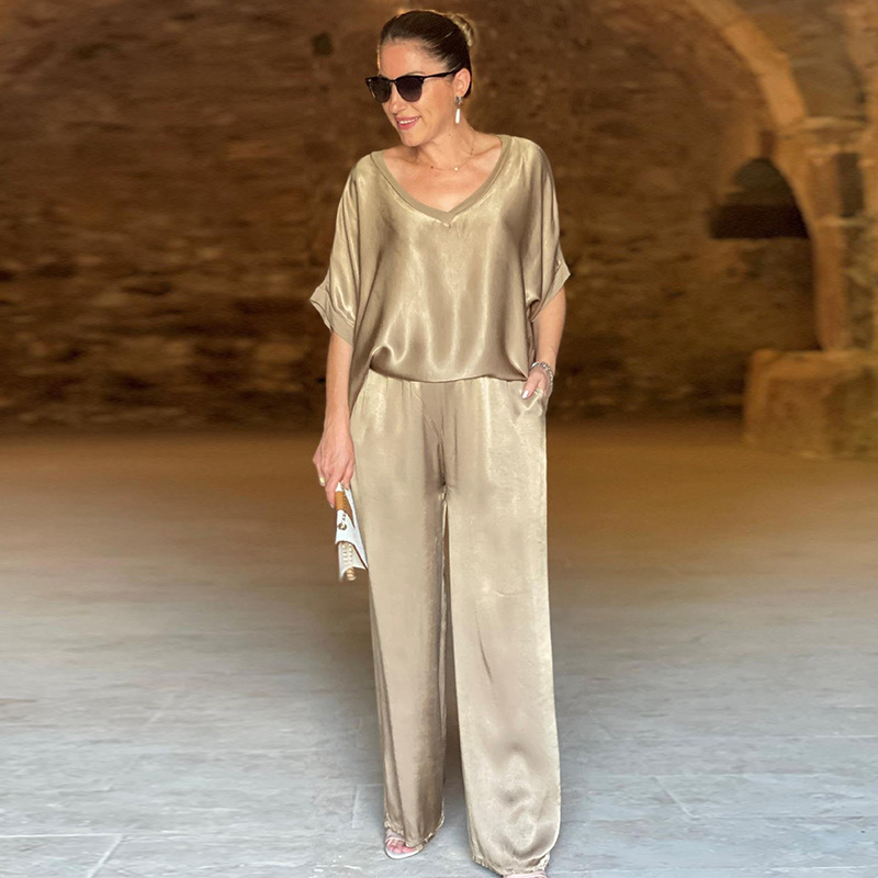 women 2024 new V-neck casual top wide-leg pants fashion suit-图1