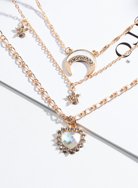 合金项链长款靓丽时尚水晶项饰饰品女生小众高级感爱心月亮锁骨链