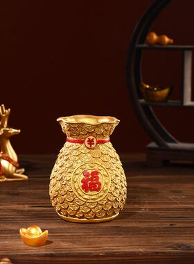 招财纳福铜钱鹿摆件福袋酒柜办公室客厅玄关五帝钱装饰品中式摆件