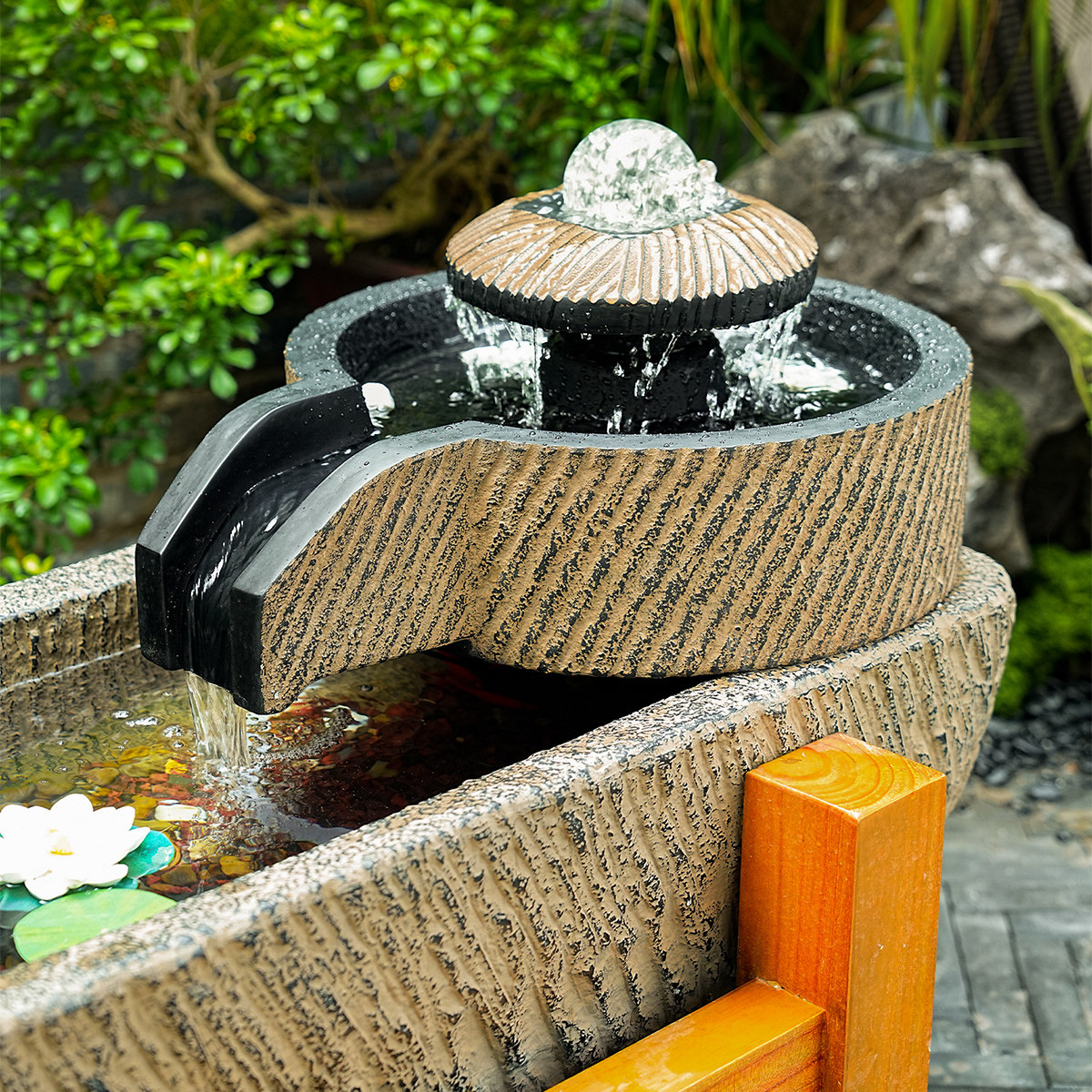 户外庭院流水景观 长方形人造石磨石槽鱼缸水晶球循环水流水摆件,淘宝优惠券,粉丝福利购,淘宝优惠卷