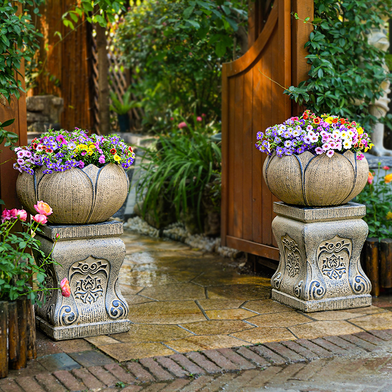 户外庭院装饰摆件 门口人造石柱墩子仿石墩树脂花盆底座花园造景 - 图0