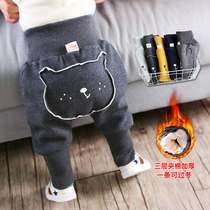 Baby pants male autumn winter plus suede thickened warm PP pants male and female baby winter clothes high waist and belted winter clip cotton pants