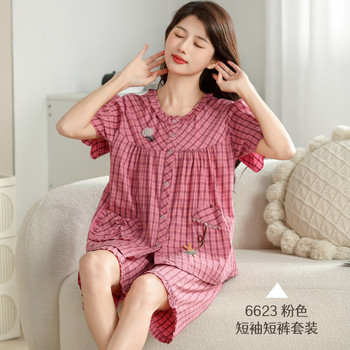 ໄຕ້ຫວັນ Original Genuine Dream Pajamas Set Thin Confinement Clothes Plaid Large Home Clothes Short Sleeves Pure Cotton Women