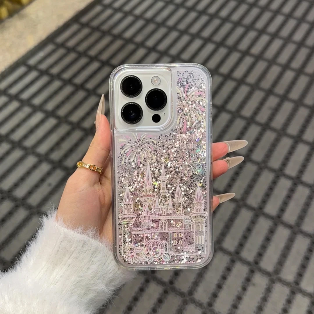 烟花和城堡银色流沙壳适用苹果16promax手机壳iPhone14pro华为mate60nova12p70小米15k50荣耀90x100Note13s18