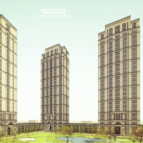 新古典/三段式/社区高层点式住宅/横向线条/石材/建筑设计/su模型 - 图3