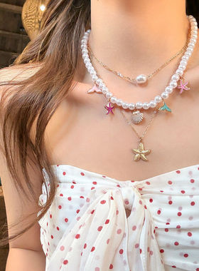 缤纷海岛彩色多层海星珍珠锁骨链