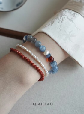 新款中式天然蓝晶石珍珠水晶手链