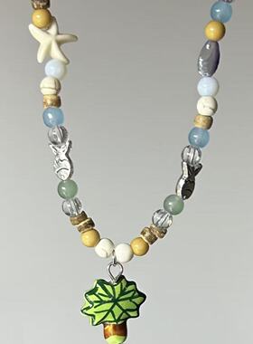 多巴胺彩色串珠猫咪吊坠项链简约时尚个性精致甜美百搭童趣项链女