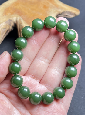 和田玉俄料碧玉七号菠菜绿手串手链12mm