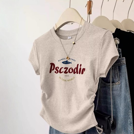 2025夏季新款美式正肩修身上衣女印花褶皱收腰显瘦花灰色短袖t恤