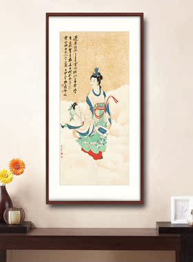 客厅餐厅美女挂画老人房间实木框装饰画张大千国画仕女蟠桃献寿图