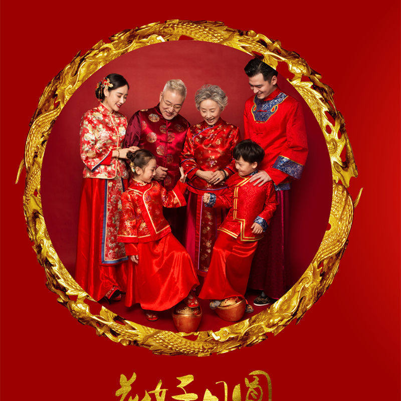 影楼新款全家福服装过年红色一家六口民国风拍照亲子装家庭服装,淘宝优惠券,粉丝福利购,淘宝优惠卷
