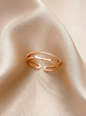 蝴蝶结戒指锆石镶嵌铜镀真金轻奢小众个性设计款指环不掉色开口戒