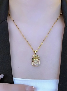 新款粉色猫眼石福袋项链女高级感时尚百搭钱袋吊坠气质锁骨链轻奢