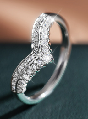 S925纯银嘻哈不对称排戒戒指皇冠女戒欧美直播跨境莫桑石戒指