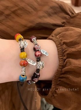 纳福~新中式复古陶瓷串珠手链女民族风国潮醒狮情侣手串手绳