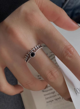 s925纯银黑锆石麦穗戒指女ins潮个性甜酷风小众设计复古双层指环