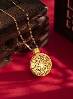 银城S925纯银花窗罗盘项链女红锆石玫瑰双色吊坠新中式国潮锁骨