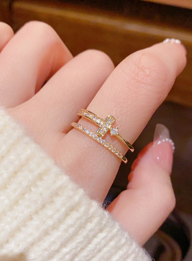 日韩轻奢T字母满钻双层开口戒