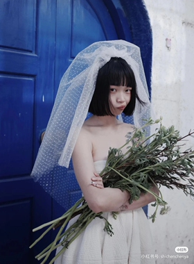 简约个性波点新娘领证头纱婚纱礼服配饰中长款蓬蓬拍照写真头纱
