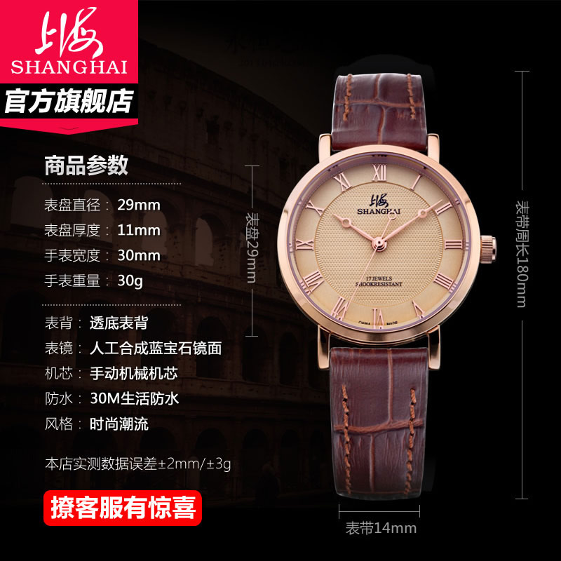 上海牌手表女手动机械表时尚潮流皮带透底表背品质男女腕表538-5