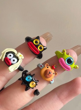 可爱丑萌卡通滴油开口戒指个性香肠嘴搞怪小怪兽指环学生情侣