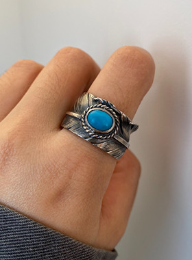 不同银匠 手作925纯银镶嵌松石羽毛开口戒指非高桥复古潮男女指环