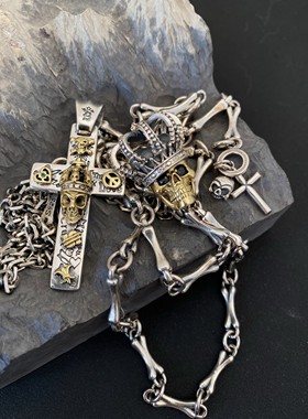 钸潼银匠925银骷髅十字架项链