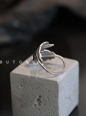 高桥风复古做旧925银树叶指环