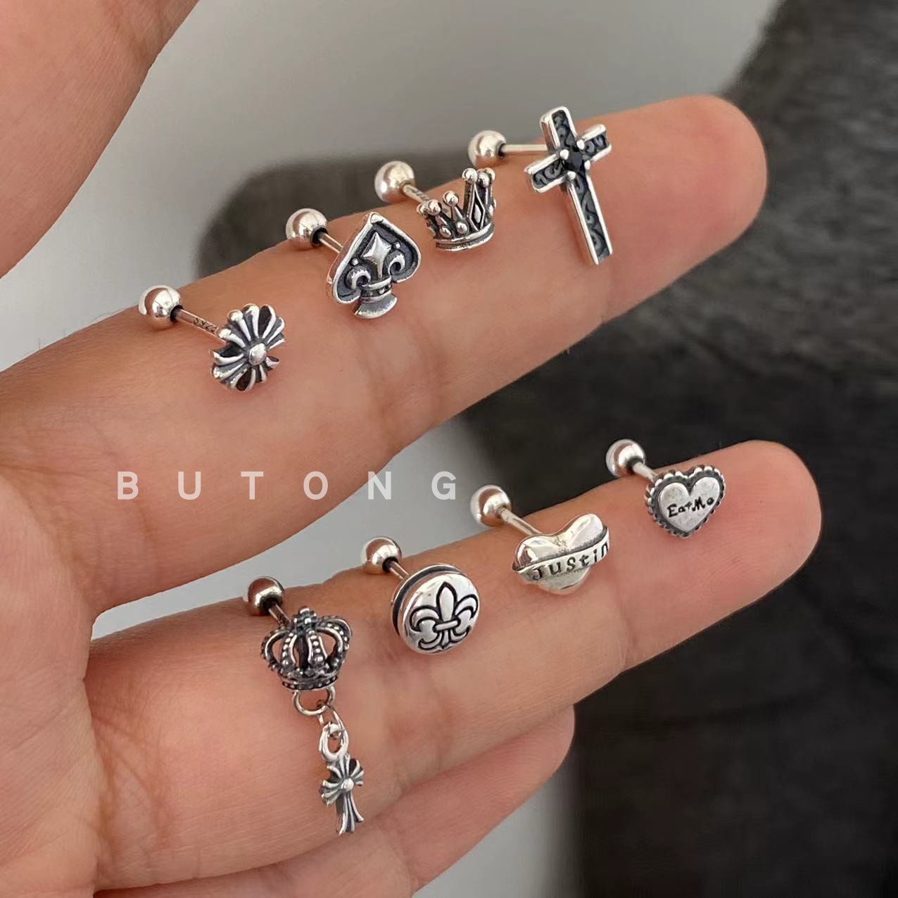 不同银匠 通体925纯银复古十字架爱心皇冠船锚圆耳钉螺丝耳堵男女 - 图0