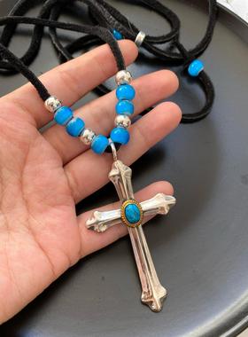 十字架吊坠鹿皮绳琉璃珠男长项链