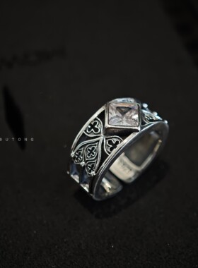 复古925银方形宝石开口男戒