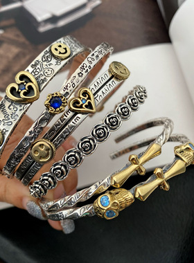 水钻手镯男女925纯银涂鸦细开口