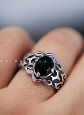 复古925银黑玛瑙开口男戒