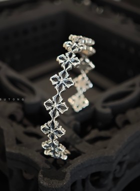 高桥风复古925银四叶草开口手镯