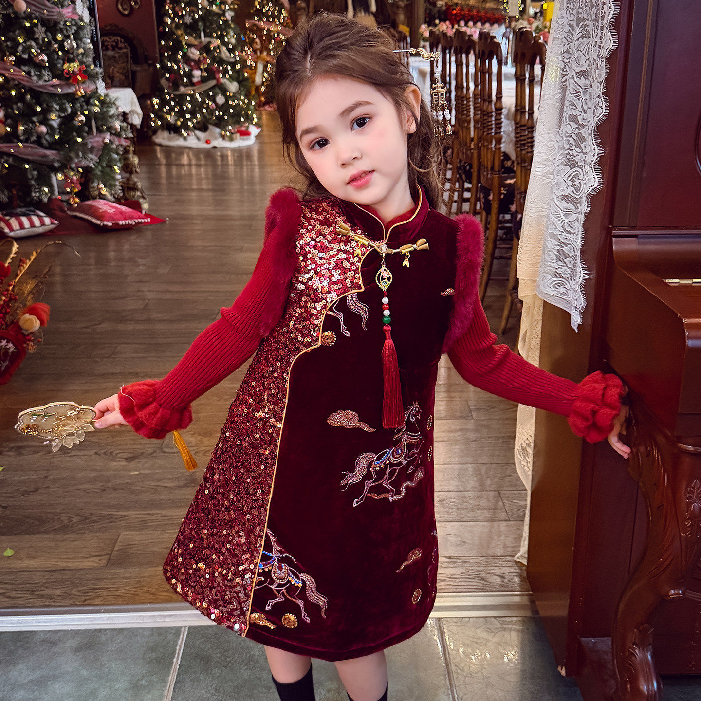 女童旗袍裙2025冬装新款洋气儿童中国风夹棉连衣裙女孩红色新年装,淘宝优惠券,粉丝福利购,淘宝优惠卷