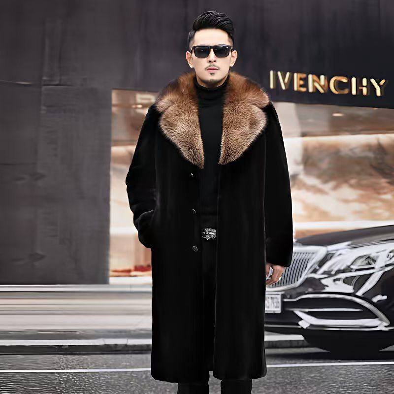 冬季男士休闲长款水貂毛裘皮外套气质保暖狐狸毛领轻奢仿皮草大衣,淘宝优惠券,粉丝福利购,淘宝优惠卷
