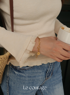 Le courage | 复古小金币人像吊坠古巴链拼接双层钛钢镀金手链