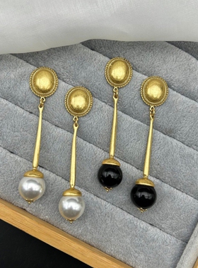 中古vintage法式复古珍珠长款耳环玛瑙镶嵌小众设计气质百搭耳饰