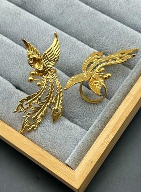 中古Vintage铜镀真金复古国潮灵动浮雕凤凰开口可调节夸张戒指